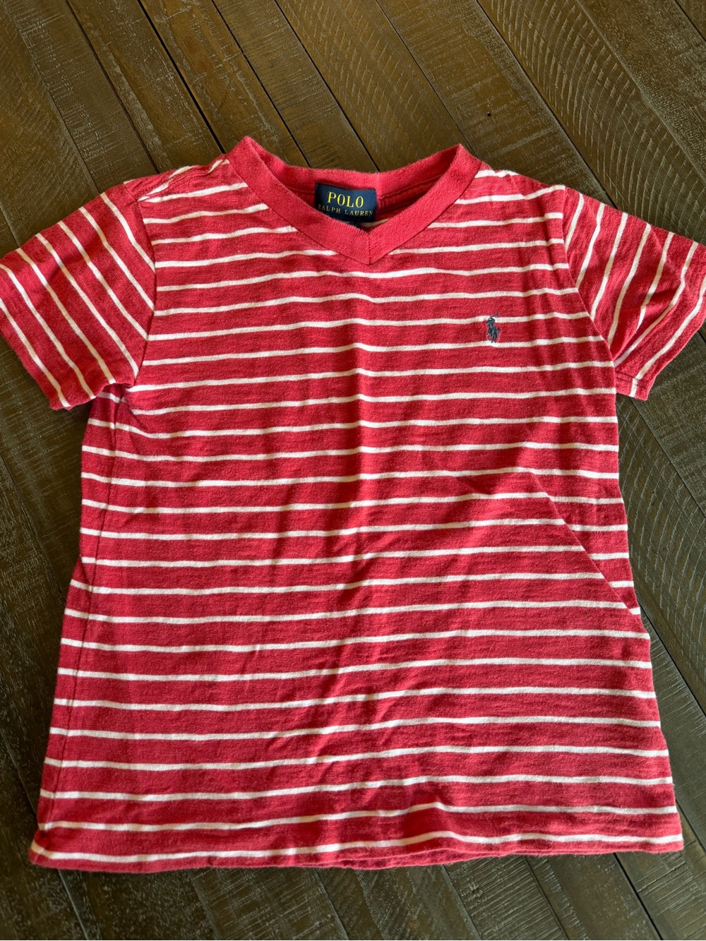Polo by Ralph Lauren Red & White Striped V‑Neck Tee with Polo Pony